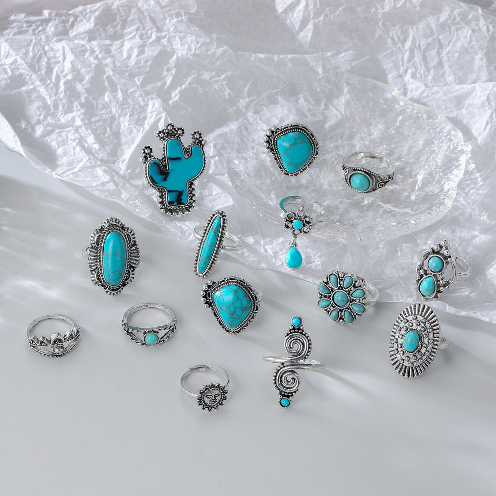 Wholesale Vintage Bohemian Turquoise Cactus Carved 14-Piece Ring Set