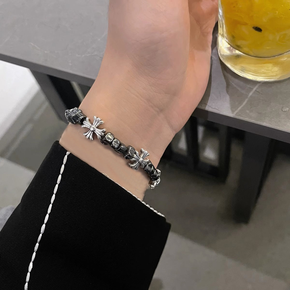 Wholesale Vintage Hip Hop Broken Silver Cross Flower Bracelet