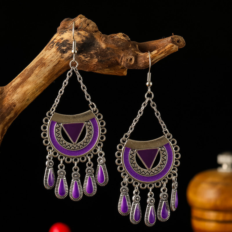 Wholesale Fan-shaped Chain Dripping Oil Retro Craft Multi-layer Alloy Earrings