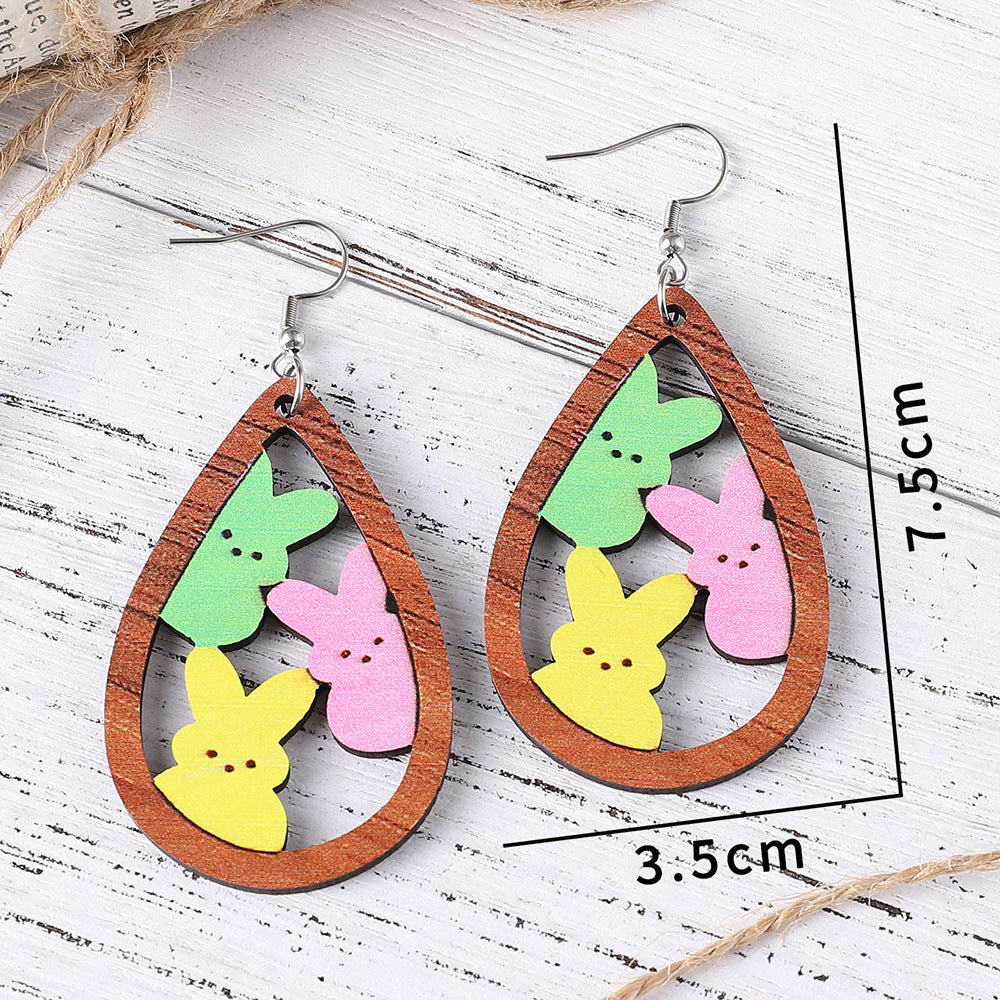 Wholesale Easter Water Drop Hollow Rabbit Double sided Wooden Earrings