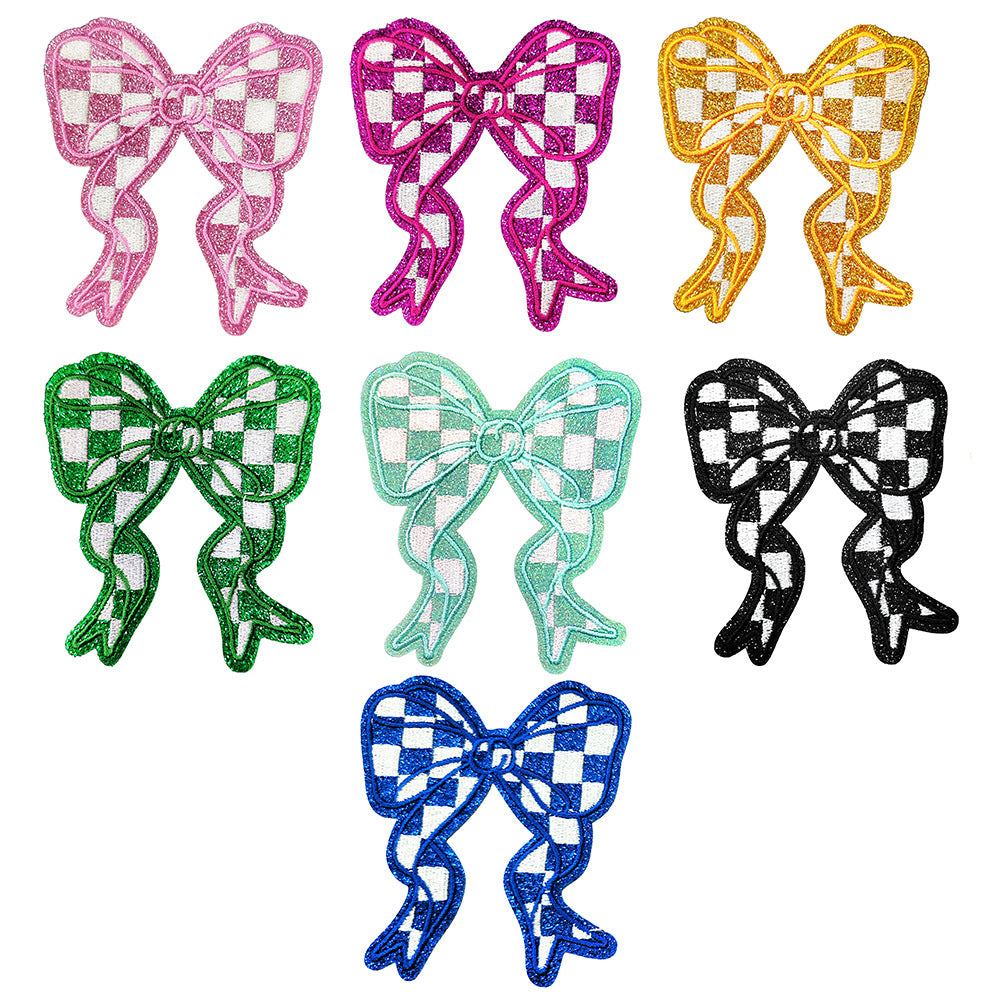 Wholesale Polyester Embroidered Plaid Bow Patches DIY Iron On Back Adhesive Craft Supply For Clothing