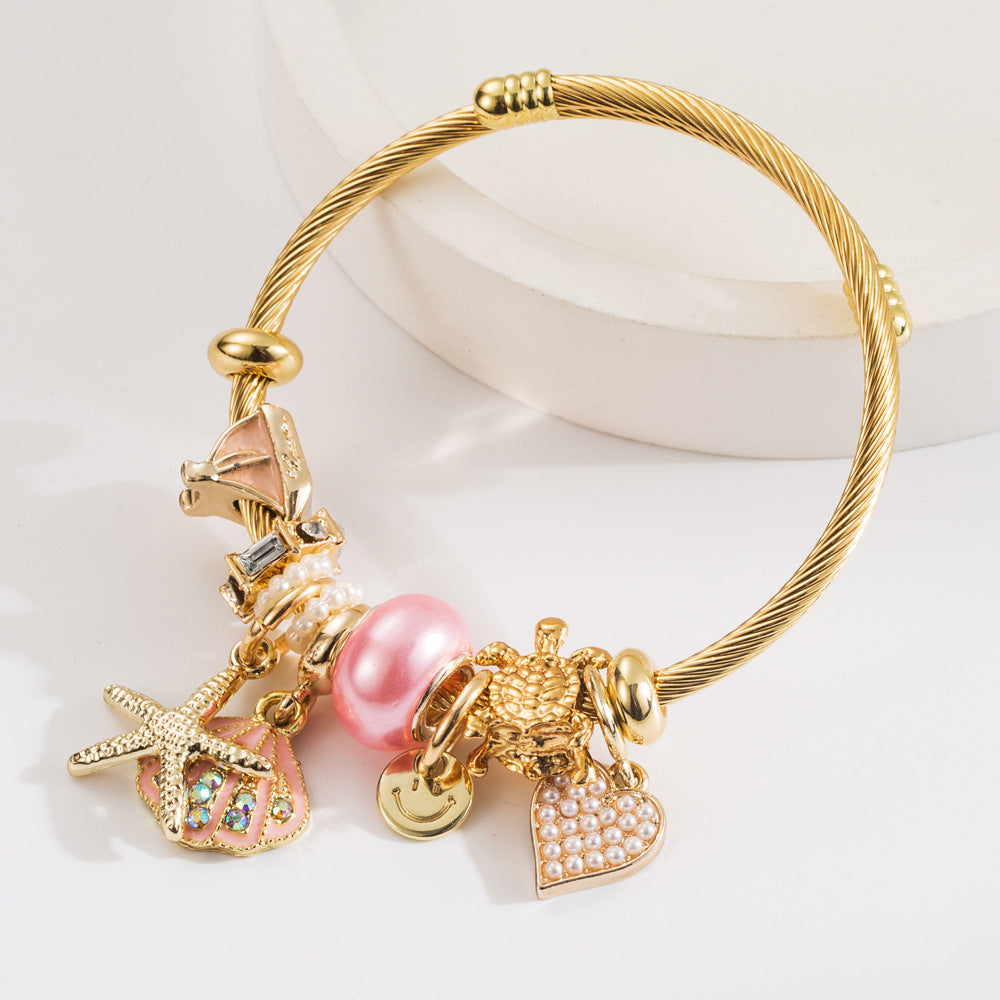 Wholesale Diamond studded starfish shell vacation style adjustable bracelet