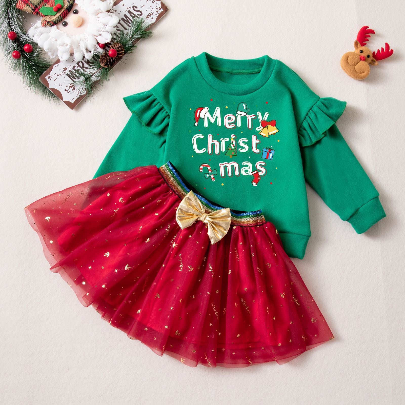 Wholesale Christmas Girls Two Piece Outfit Green Printed Long Sleeve Sweatshirt And Gold Glitter Tulle Skirt Boutique Gift For Resale