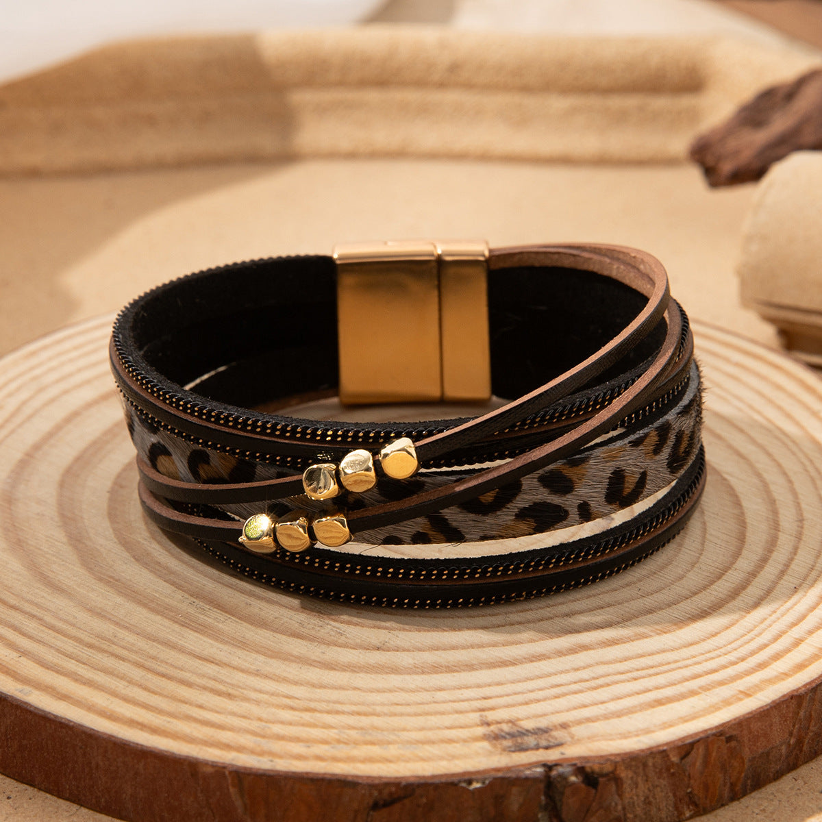 Wholesale Leopard print fur magnetic buckle Layered Bracelet Set