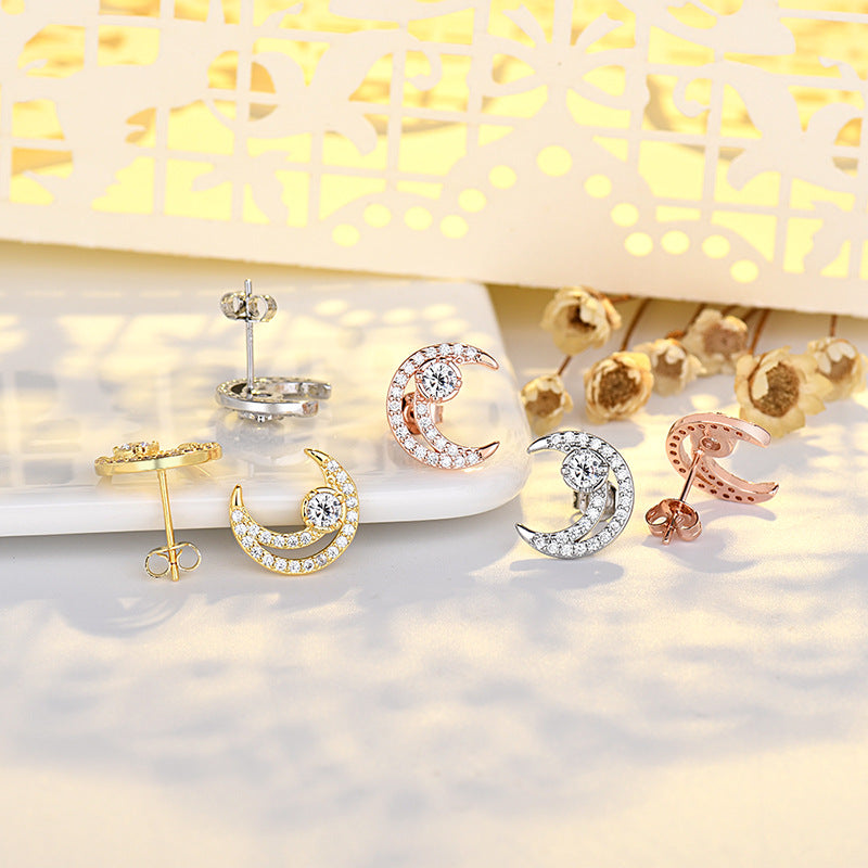 Wholesale Full Diamond Moon Copper Earrings