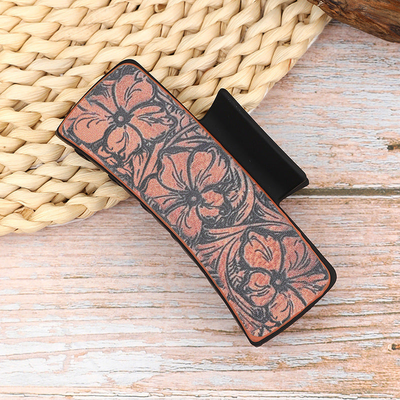 Wholesale Western Cowboy Vintage Leather Claw Clip Hair Accessory Handmade Sunflower Print Everyday Styling Gift