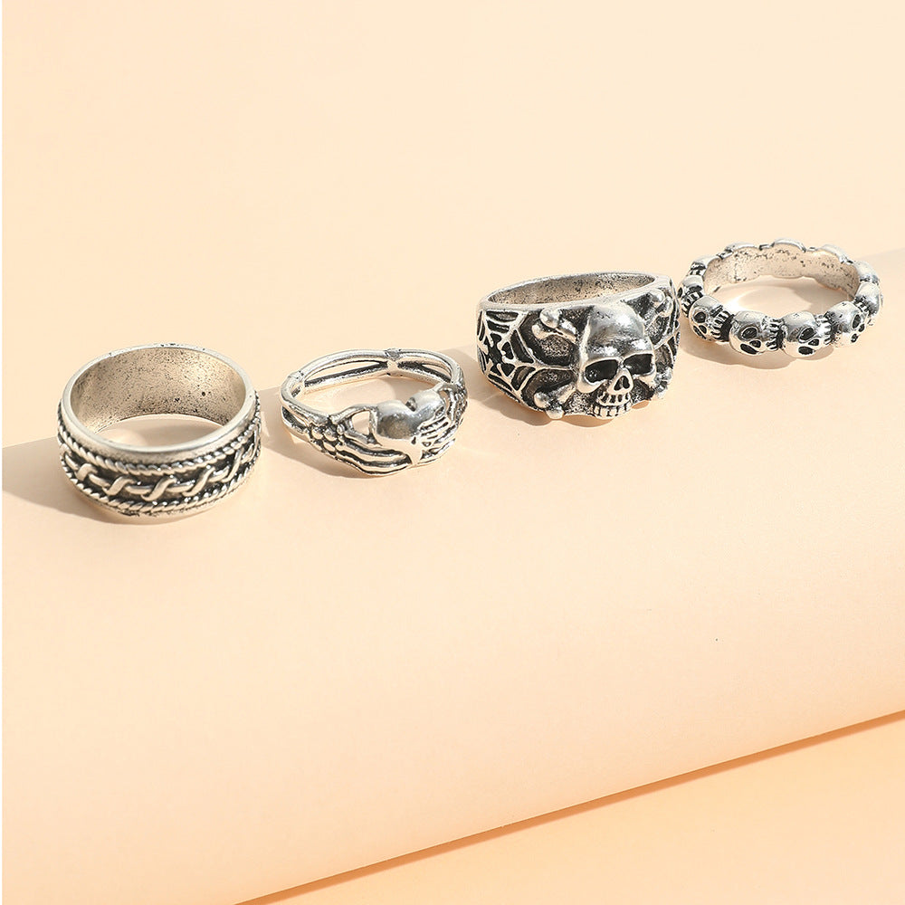 Wholesale Men's Punk Exaggerated Gothic Style Little Devil Skull Heart Ring 4-piece Set