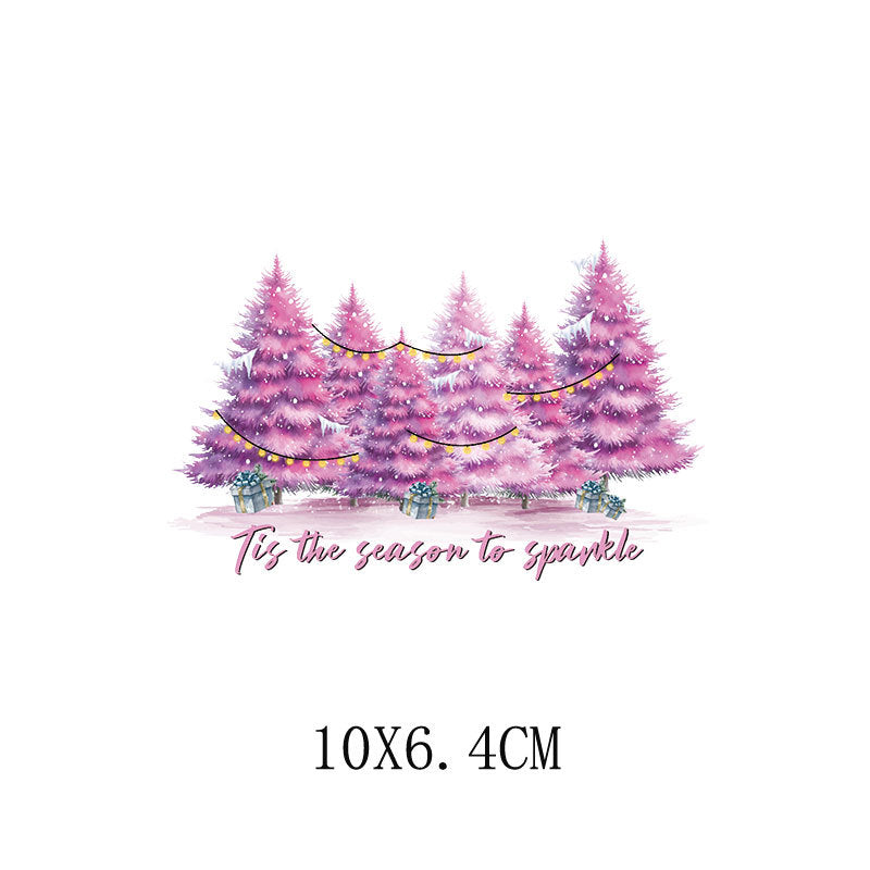 Wholesale 5pcs/pack  Pink Christmas Cartoon House Heat Transfer Pattern Clothing Sticker   UV DTF Ready to Press Transfers Wraps