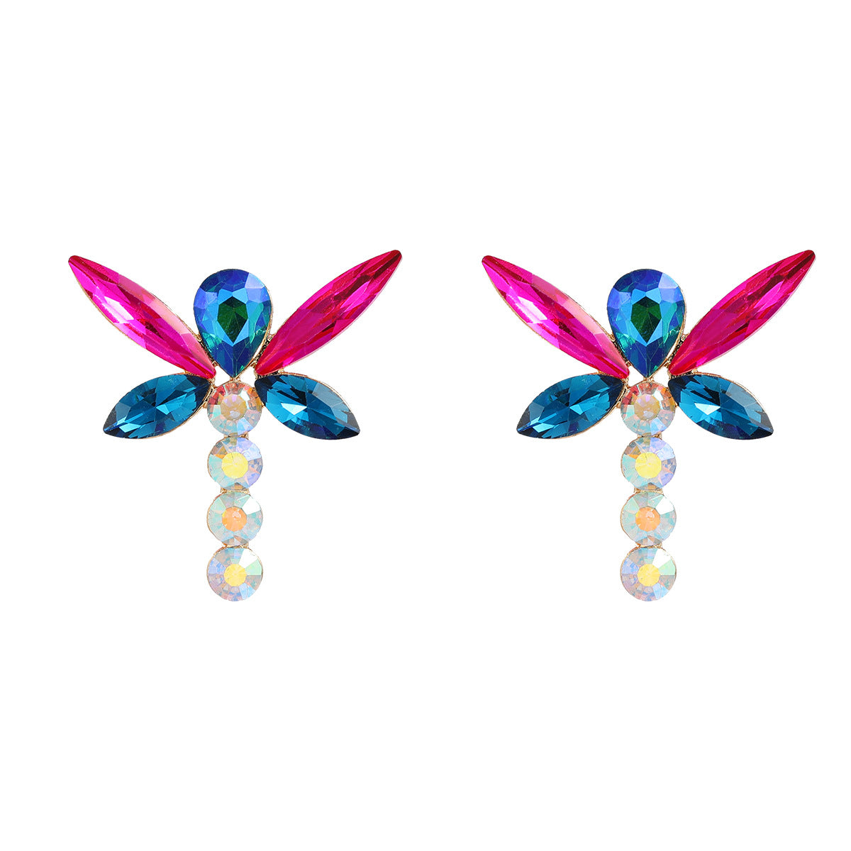 Wholesale Colorful Diamond Exaggerated Alloy Full Diamond Dragonfly Shaped Earrings