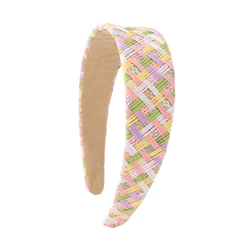 Wholesale Hand-woven raffia rainbow wide brim headband