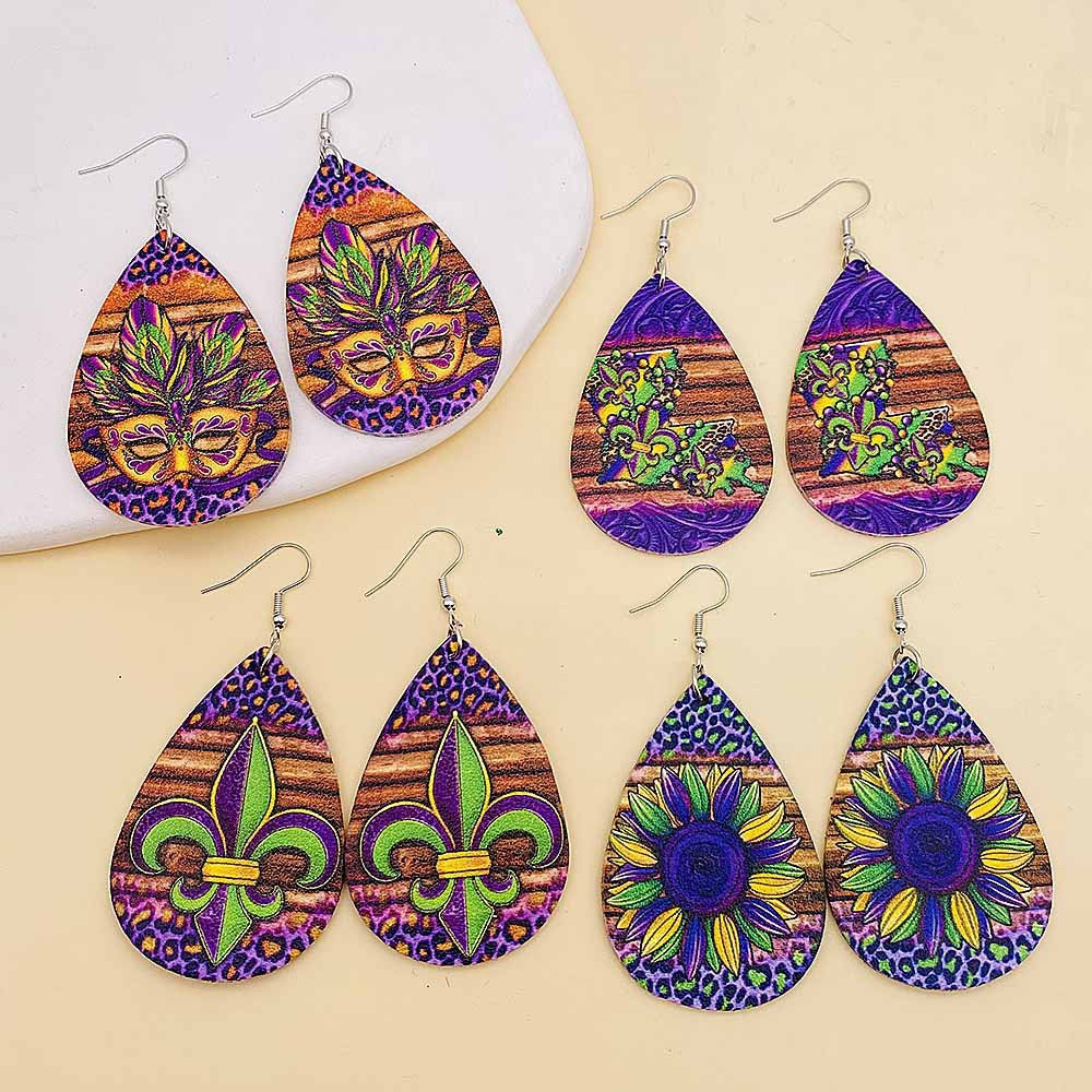 Wholesale Carnival Triple Leather Shiny Leaf Shape Bohemian Carnival Earrings