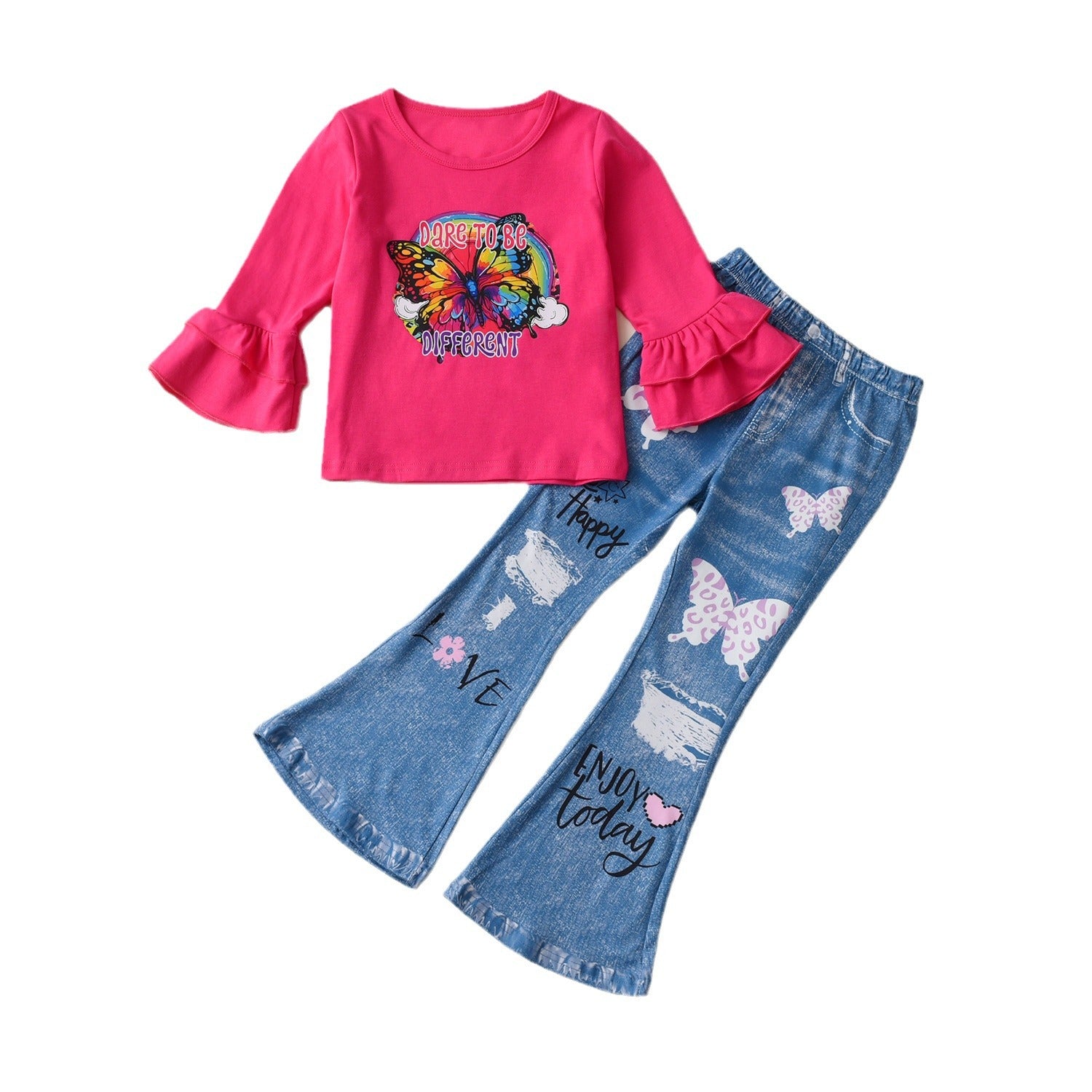 Wholesale Cotton Children's Long Sleeve Butterfly Sweatshirt Imitation Denim Bell Pants Suit
