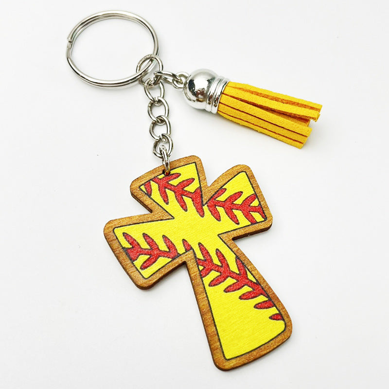 Wholesale 2pcs Football Basketball Faith Cross Wooden Vintage Keychain