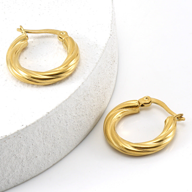 Wholesale 18K Stainless Steel Stripes Fashionable and Versatile Titanium Steel Round Buckle Earrings