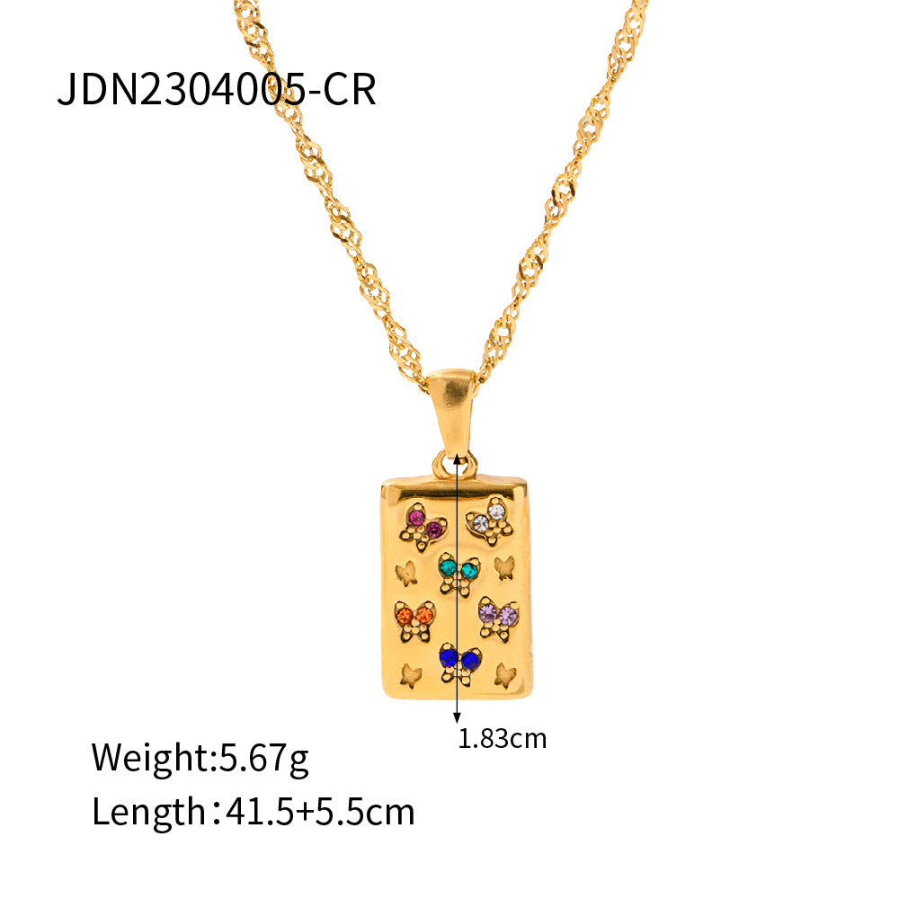 Wholesale Retro Square Butterfly White Diamond Stainless Steel Necklace