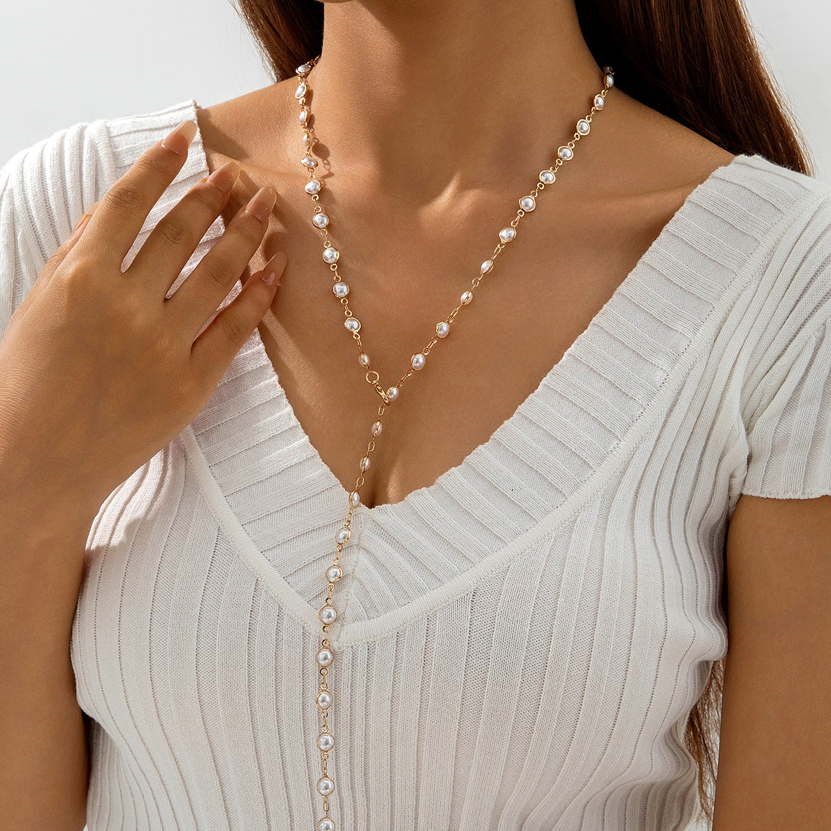 Wholesale Colorful crystal metal clavicle necklace with Y-shaped chain layering