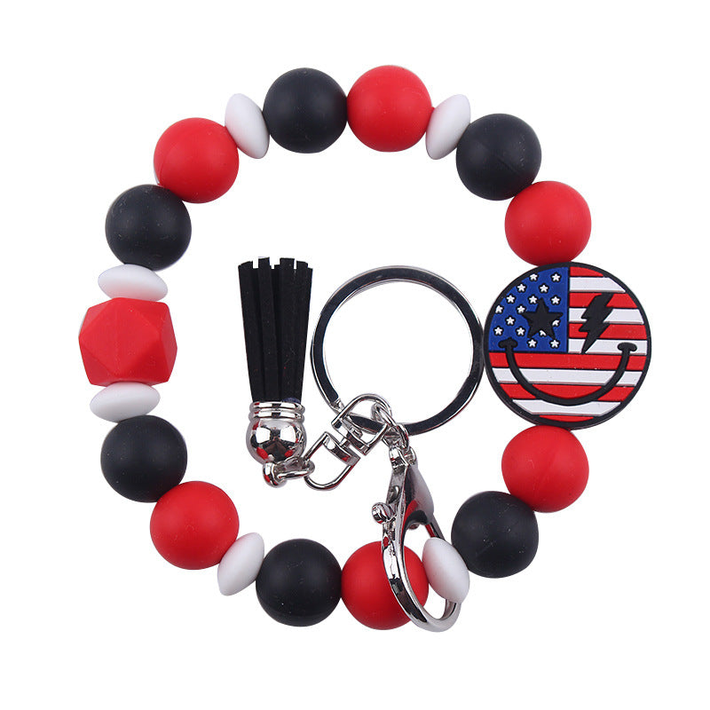 Wholesale Leather Tassel Independence Day Silicone Bead Bracelet Keychain