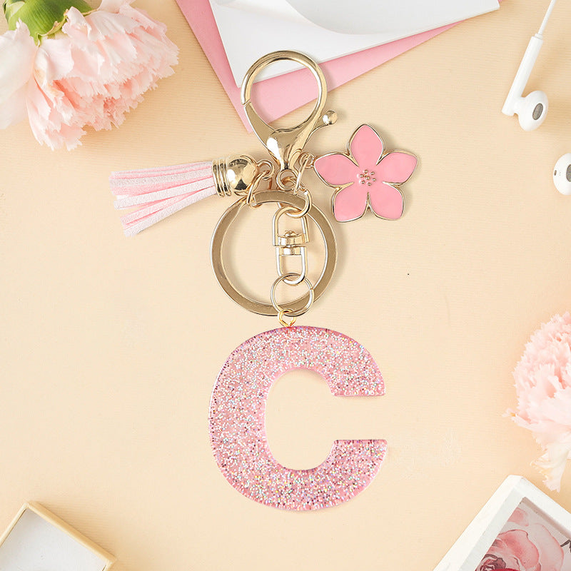 Wholesale Pink 26 letter Sparkling Pink Flower Tassel Keychain
