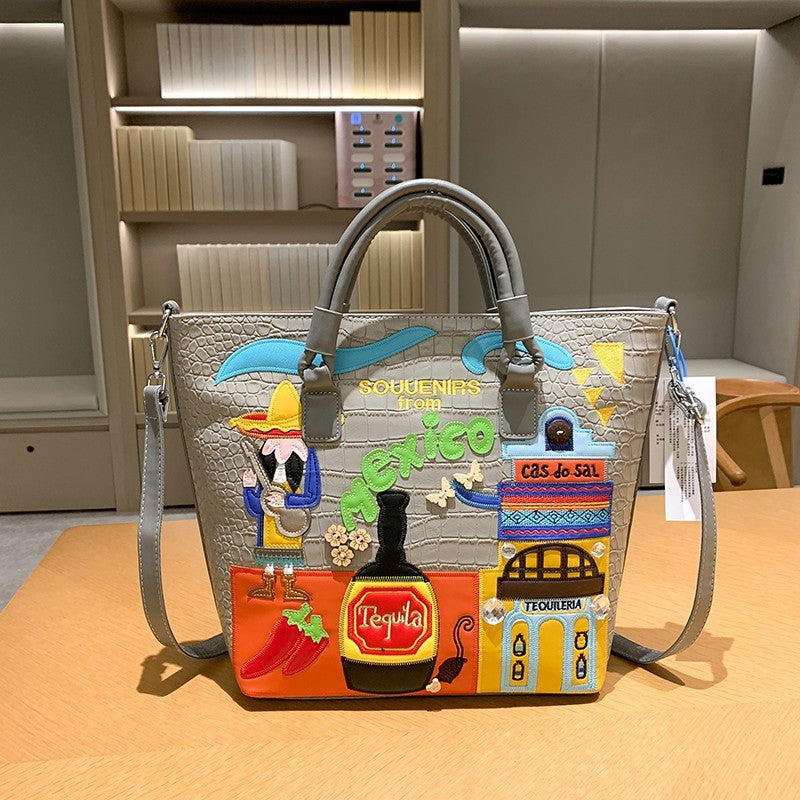 Bordado de tema mexicano de PU al por mayor Bordado de gran capacidad Bolso de hombro casual