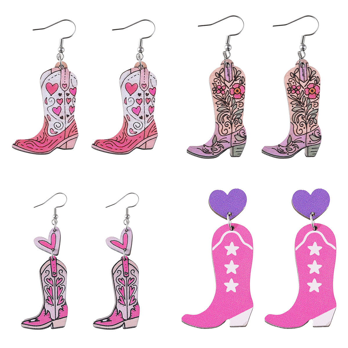 Wholesale Western style pink heart tassel cowboy boots pendant wooden double-sided earrings