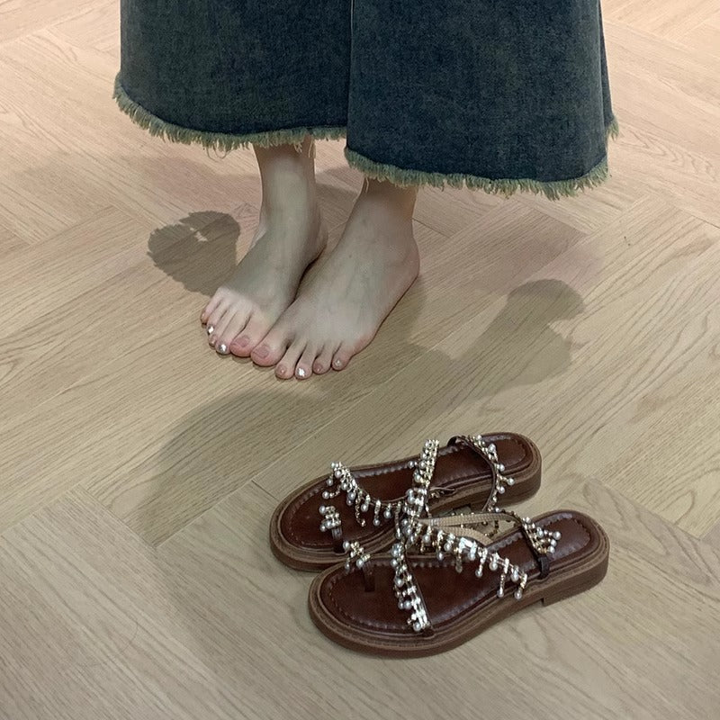 Wholesale Bohemian Rhinestone Thong Flat Roman Sandals