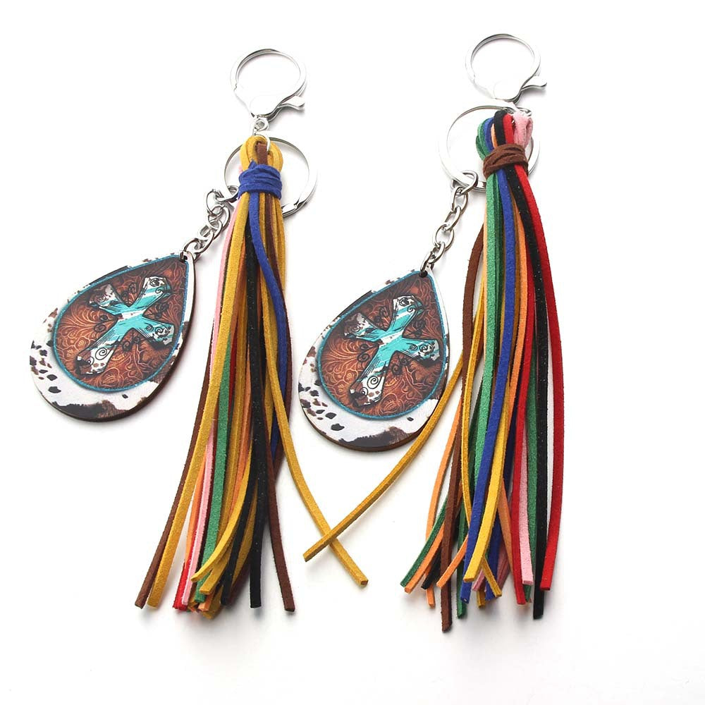 Wholesale Western Leather Tassel Cow Horse Head Cross Printed Wooden Plaque Keychain