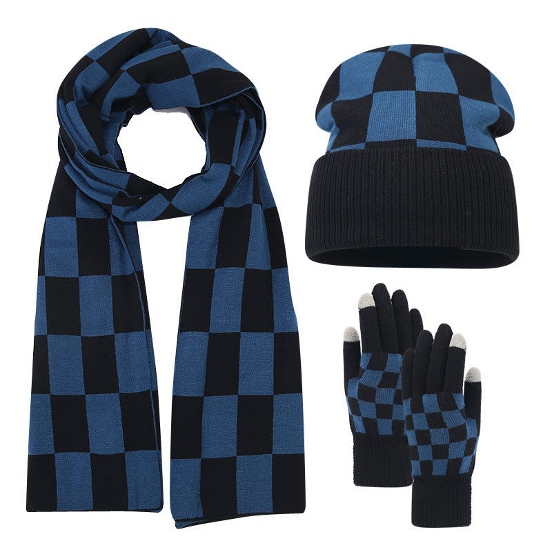 Wholesale Adult Winter Checkerboard Double Layer Thickened Knitted Hat Gloves Scarf Set