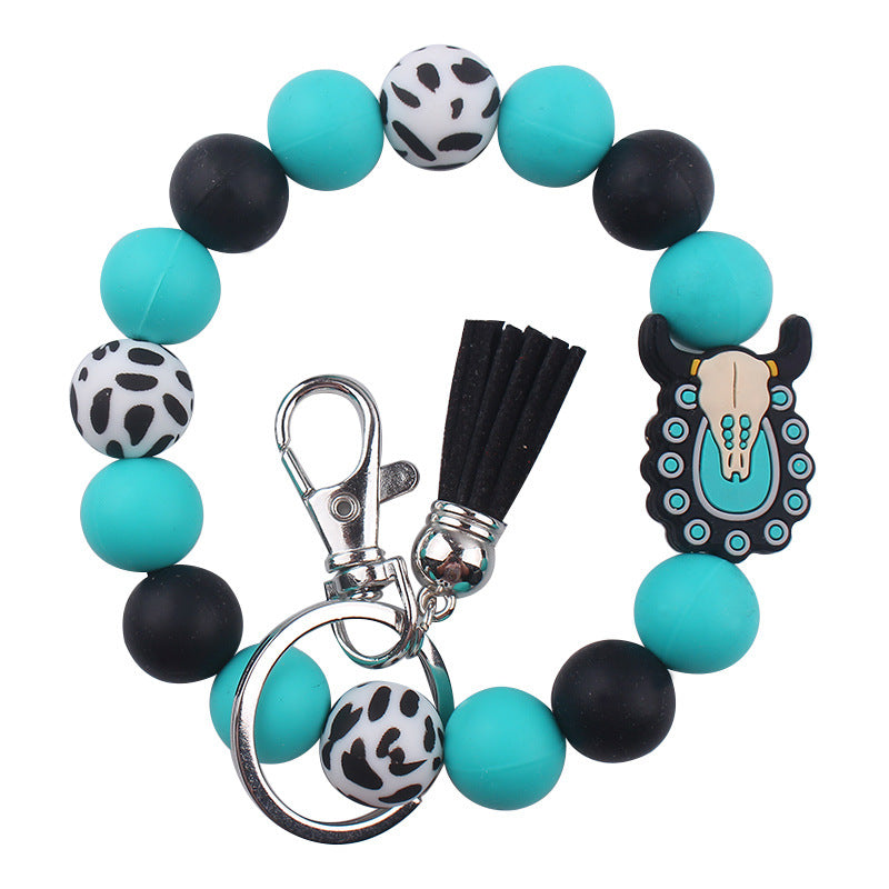 Wholesale Cartoon Western Style Cow Head Silicone Beaded Wrist Keychain