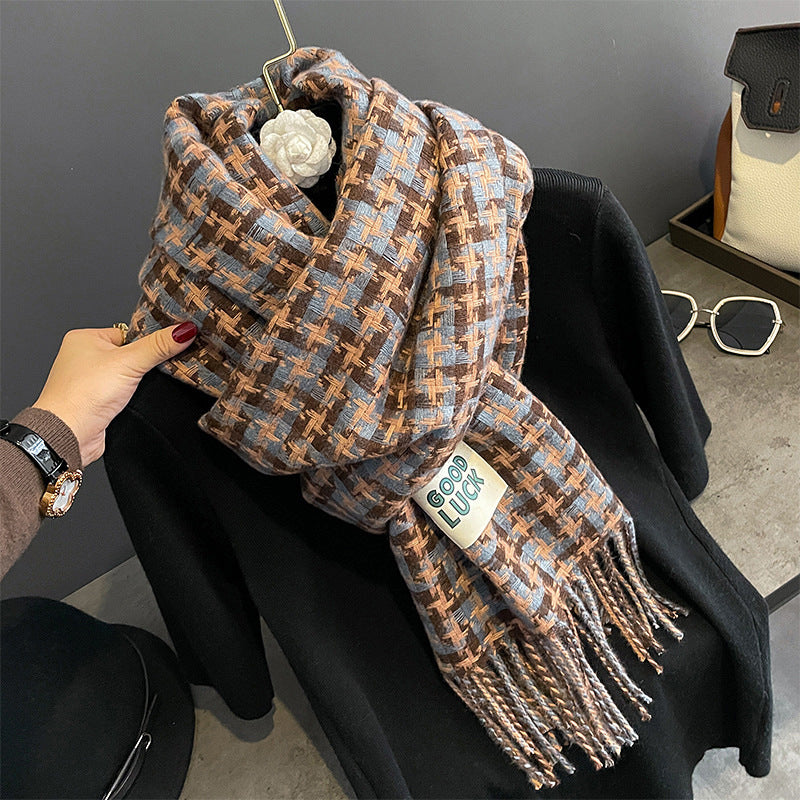 Wholesale Autumn and Winter Imitation Cashmere Contrasting Long Tassel Color Block Plaid Scarf