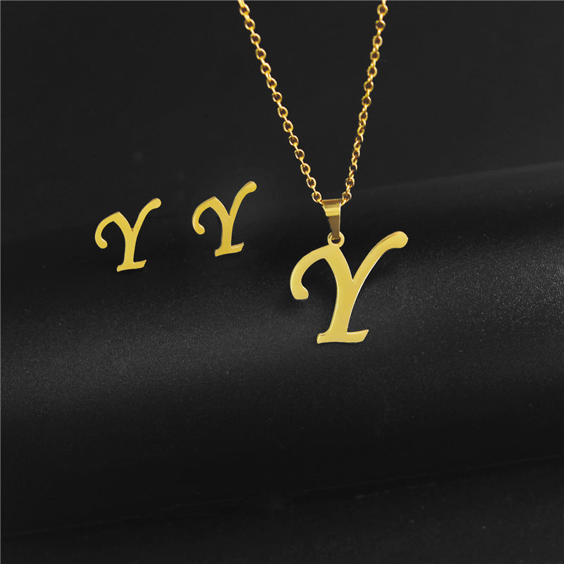 Wholesale Stainless Steel 26 Letter Necklace Earrings Two Piece Set