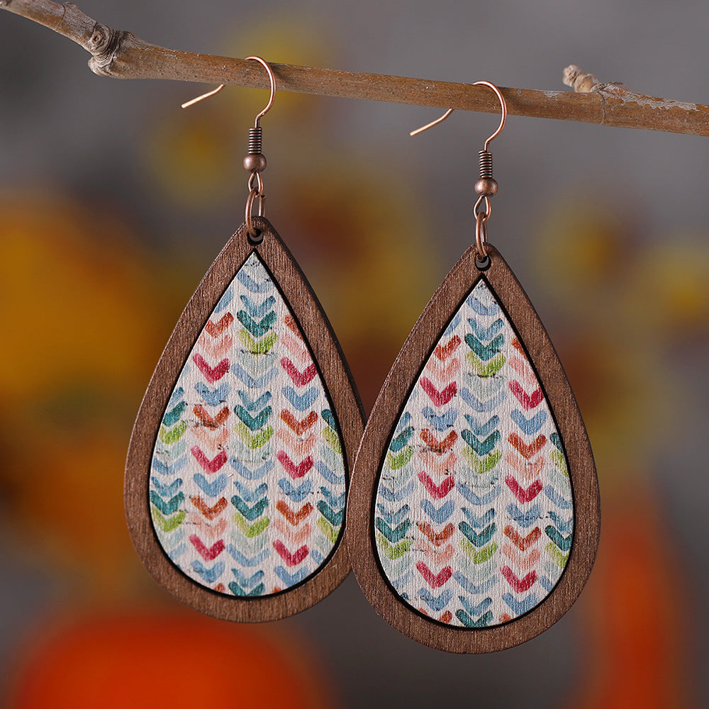 Wholesale Color Flower Arrow Painted Water Drop Pendant Wooden Bohemian Earrings