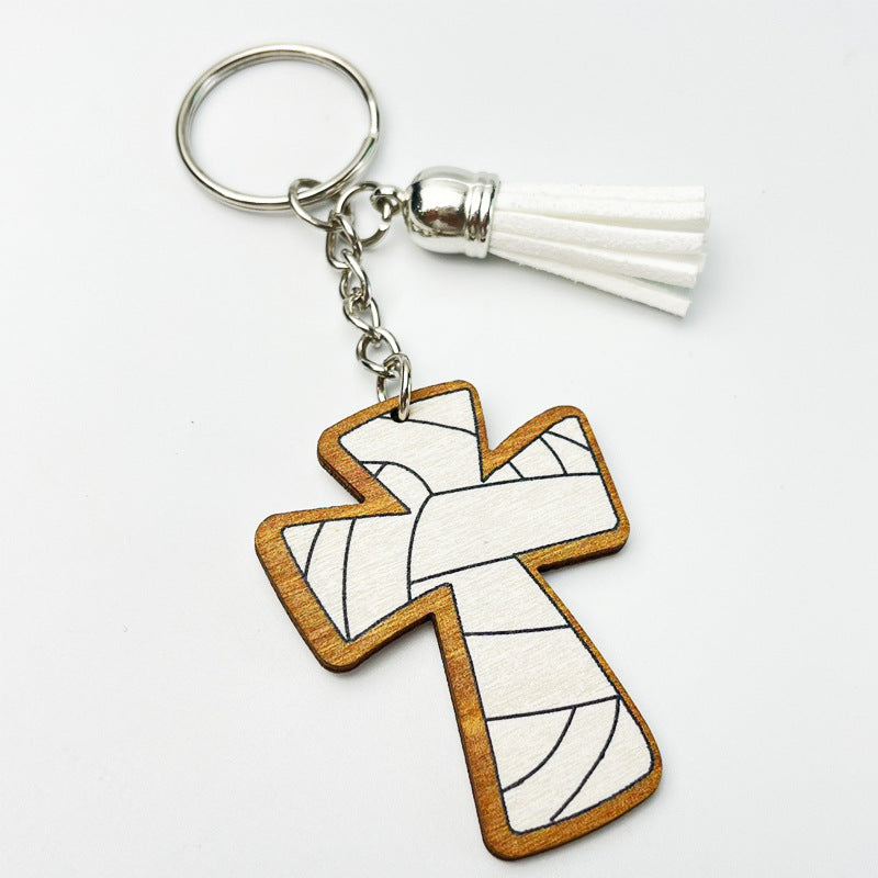 Wholesale 2pcs Football Basketball Faith Cross Wooden Vintage Keychain