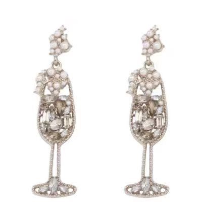 Wholesale Pearl Inlaid Diamond Wine Glass Shaped Alloy Earrings