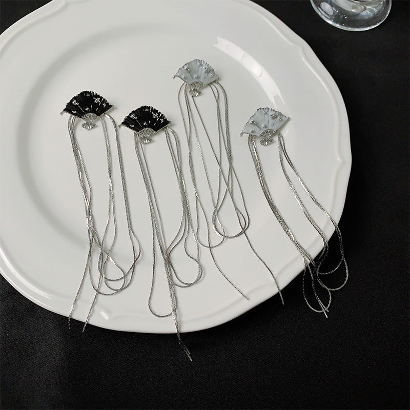 Wholesale Design Enamel Fan Tassel New Chinese Style Retro Temperament Personality Earrings Ear Studs
