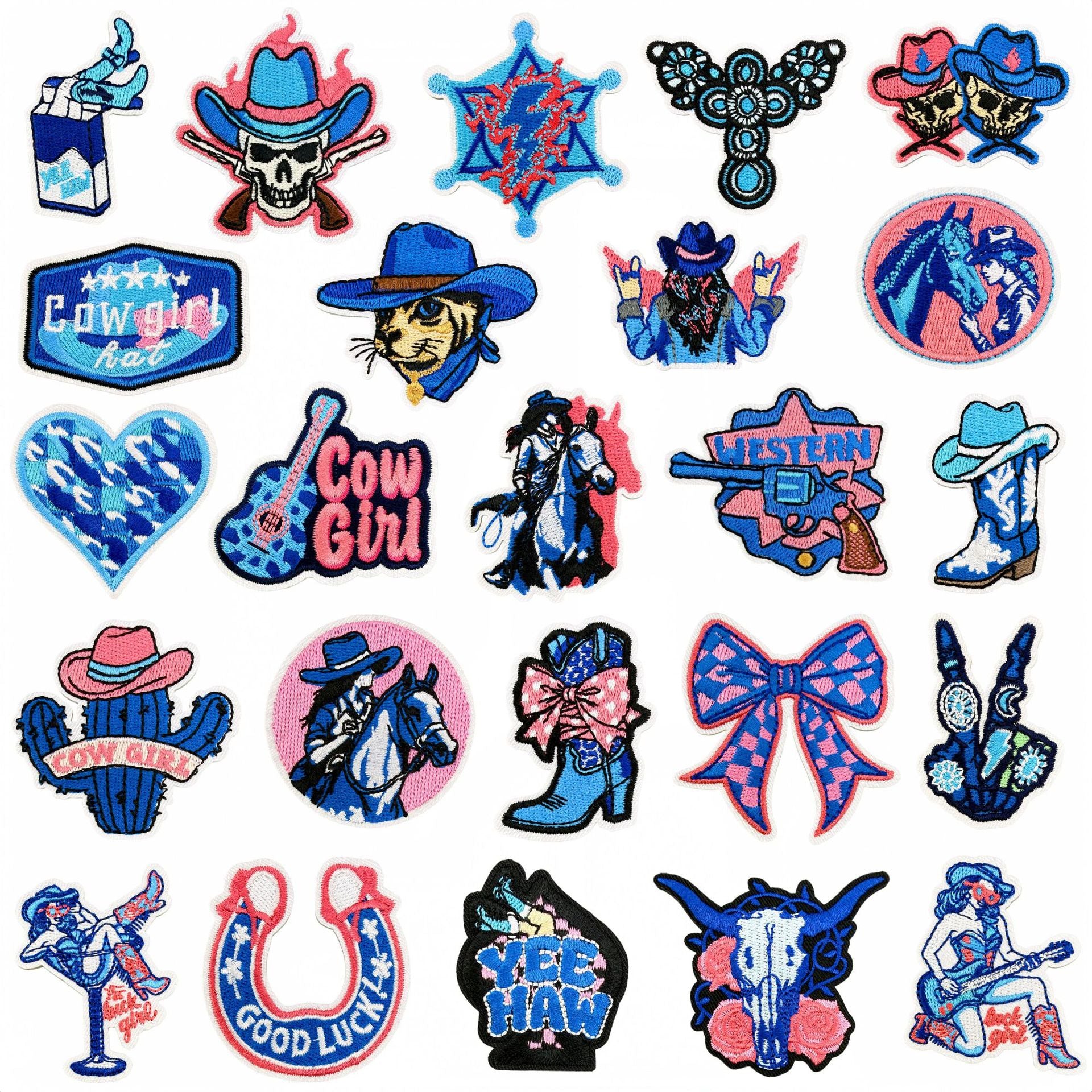 Wholesale Western Cowgirl Embroidered Patches 24 Piece Set Pink Blue Guitar Cow Skull Design DIY Craft Supply For Home Decor And Resale