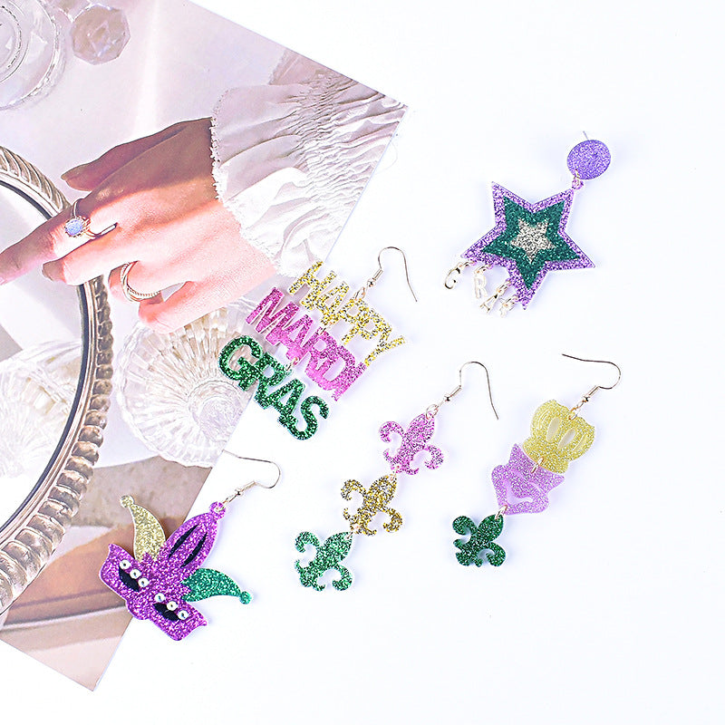 Wholesale Carnival earrings purple green yellow five-pointed star Crown Clown mask lobster earrings