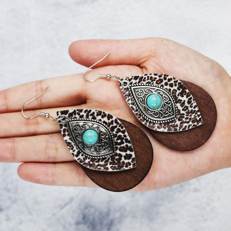 Wholesale Blue Turquoise Alloy Wood Leather Multi Layer Combination Earrings