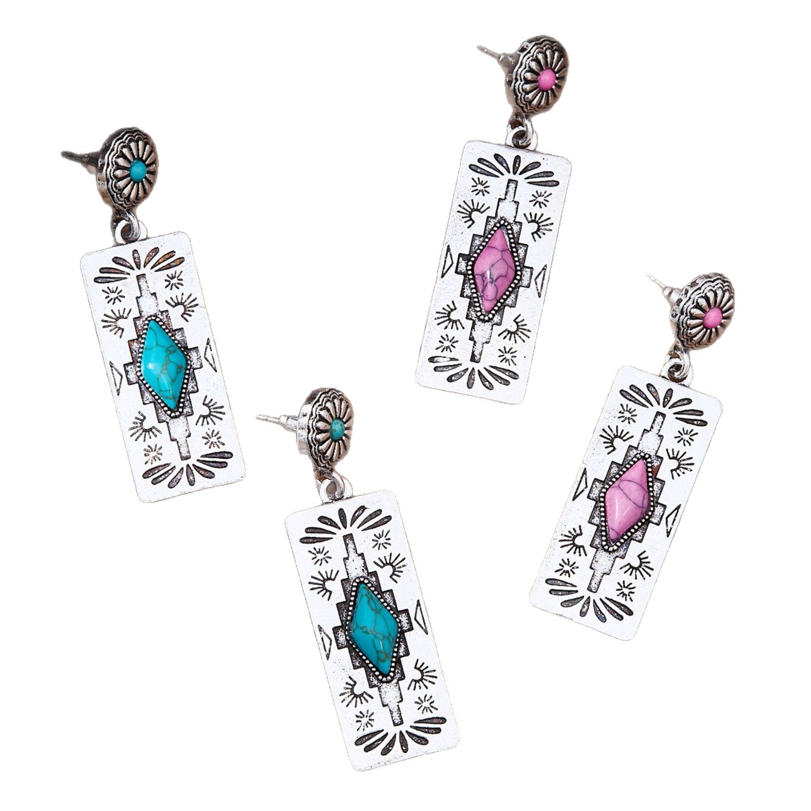 Wholesale Retro Western-style earrings rectangular patterned earrings inlaid  stones