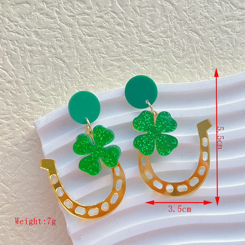 Wholesale St. Patrick's Day Irish Carnival Green Acrylic Glitter Clover Earrings
