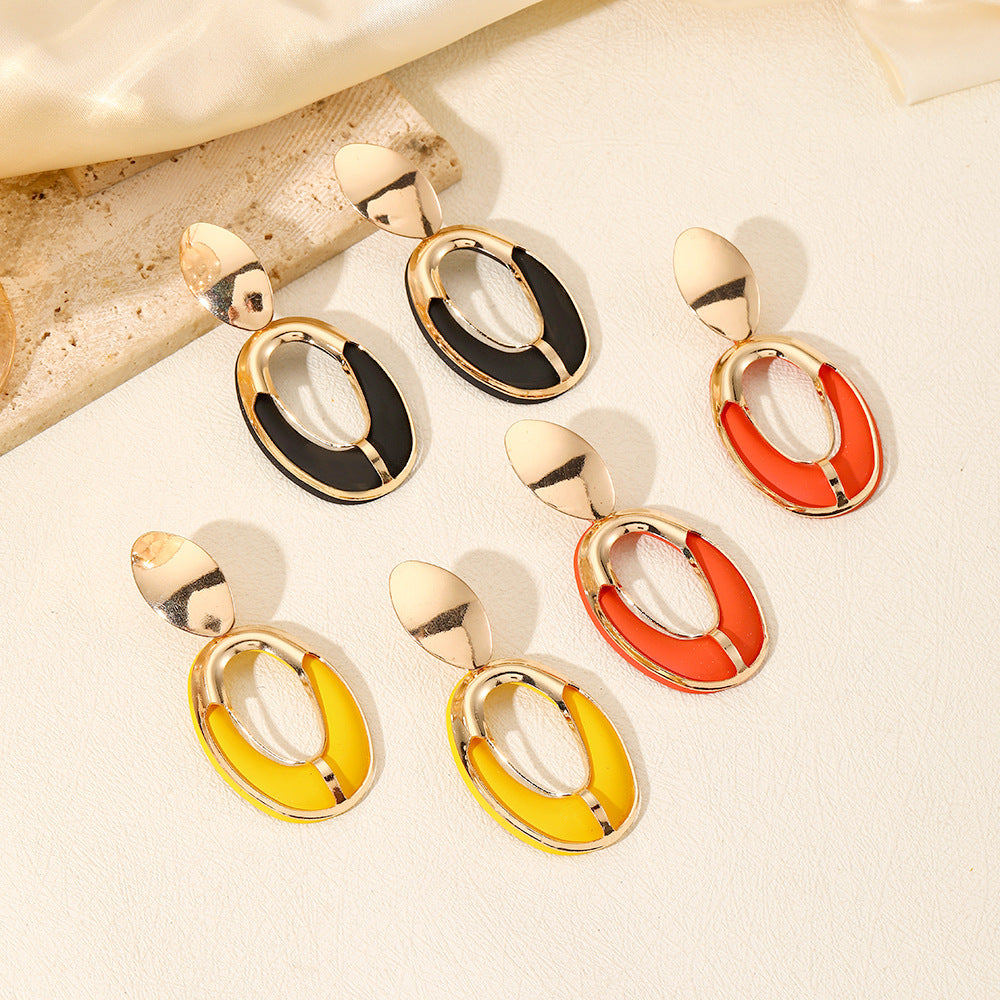 Wholesale Fashion Color Spray Paint Geometric Oval Hollow Double Layer Long Earrings