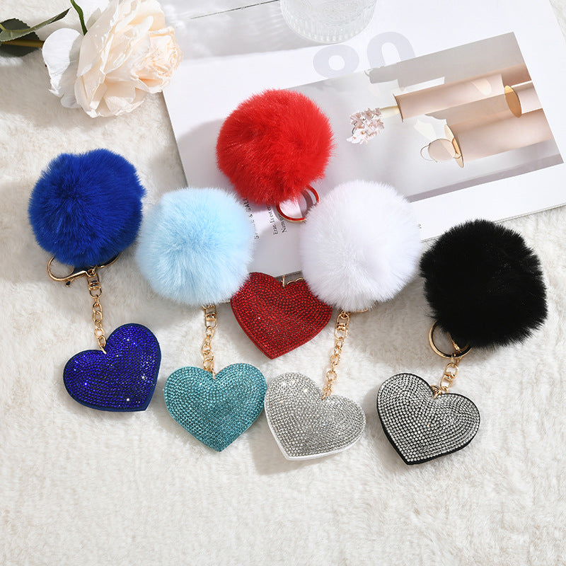 Wholesale Diamond-encrusted Heart-shaped Tassel Pom Pom
 Keychain