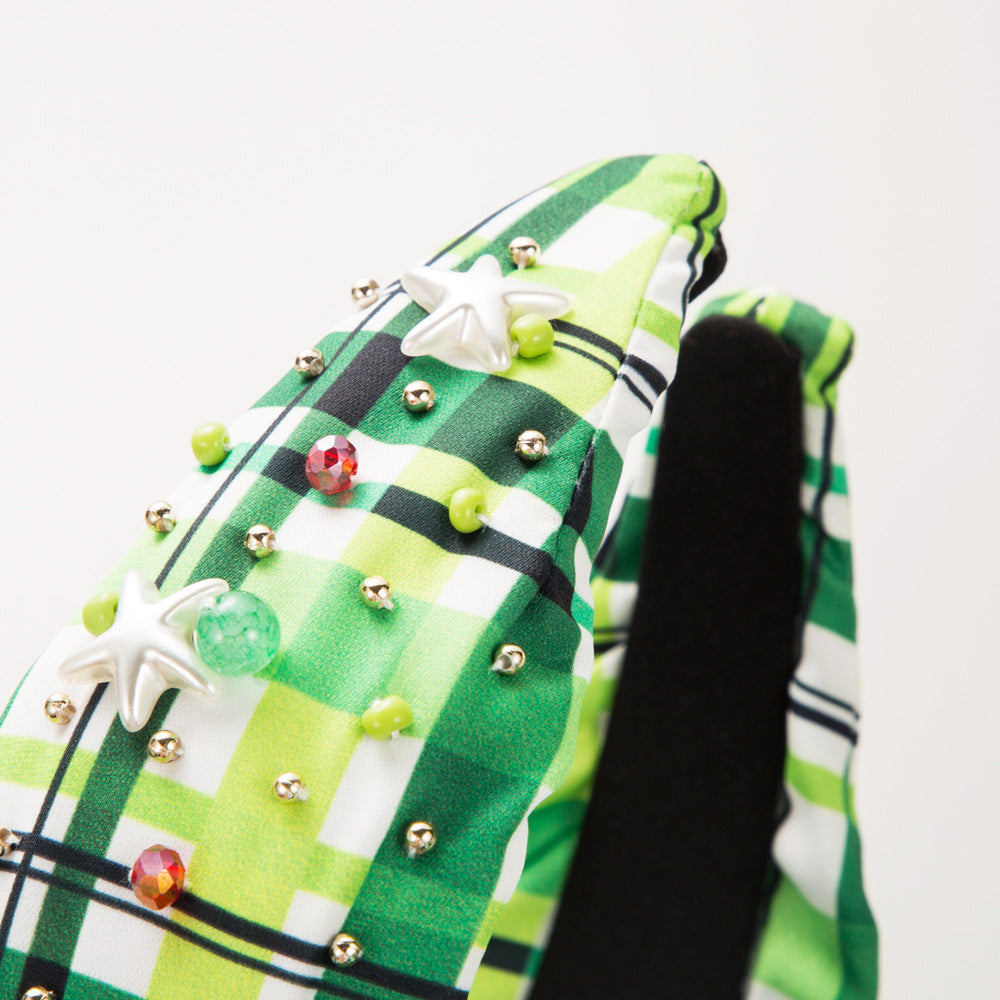 Wholesale Irish Festival Green Plaid Floral Fabric Hand-stitched Pearl Glass Diamond Headband