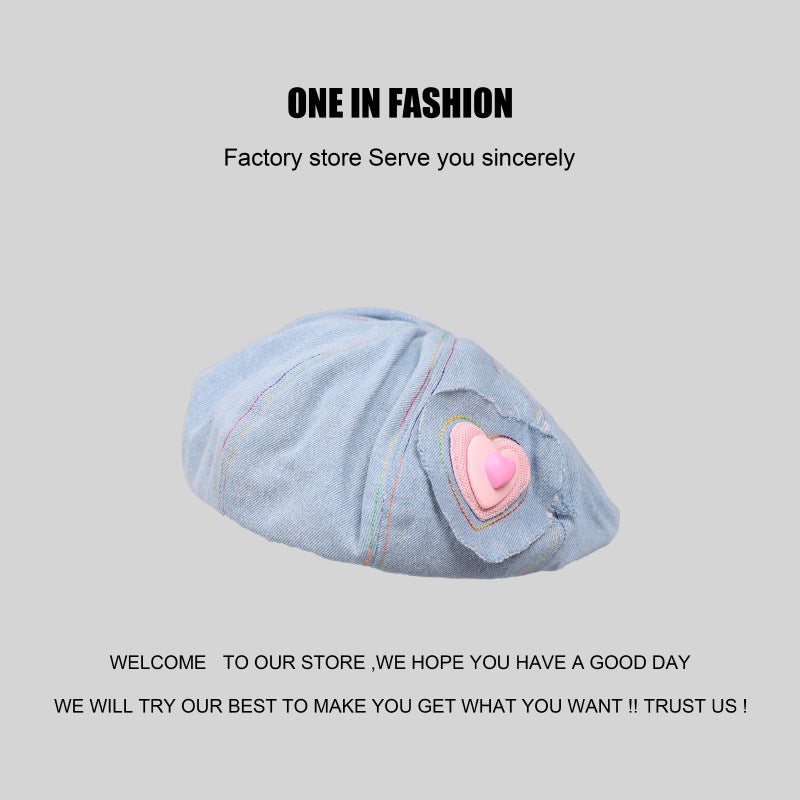 Wholesale Valentine's Day Pink Love Label Denim Beret