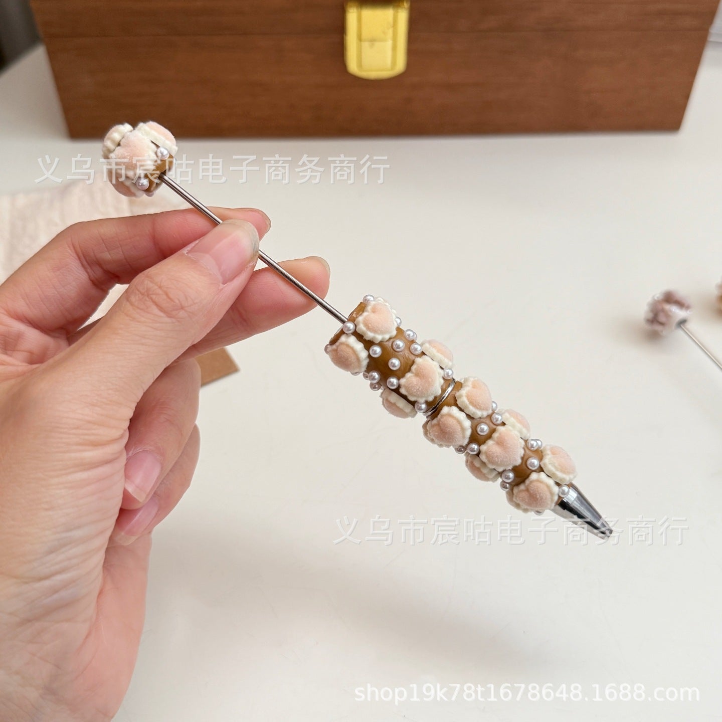 Wholesale  2pcs Flocked Heart Bear Bow  Ballpoint Fancy Beadable Pens DIY Beaded