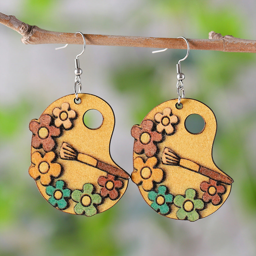 Wholesale paint tray brush painting small daisy flowers double sided wooden earrings