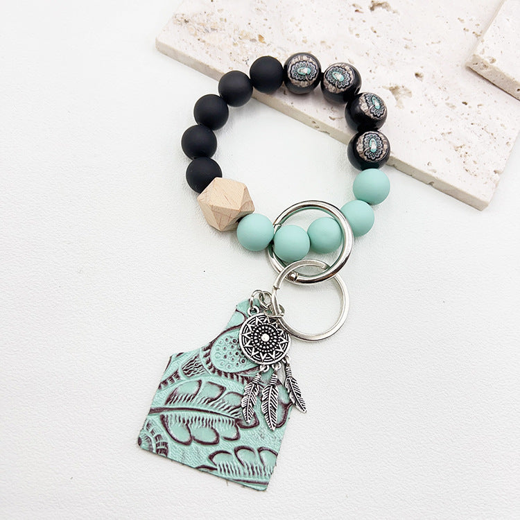 Wholesale Western Wood Beads Handmade Beaded Genuine Leather Embossed Wrist Keychain