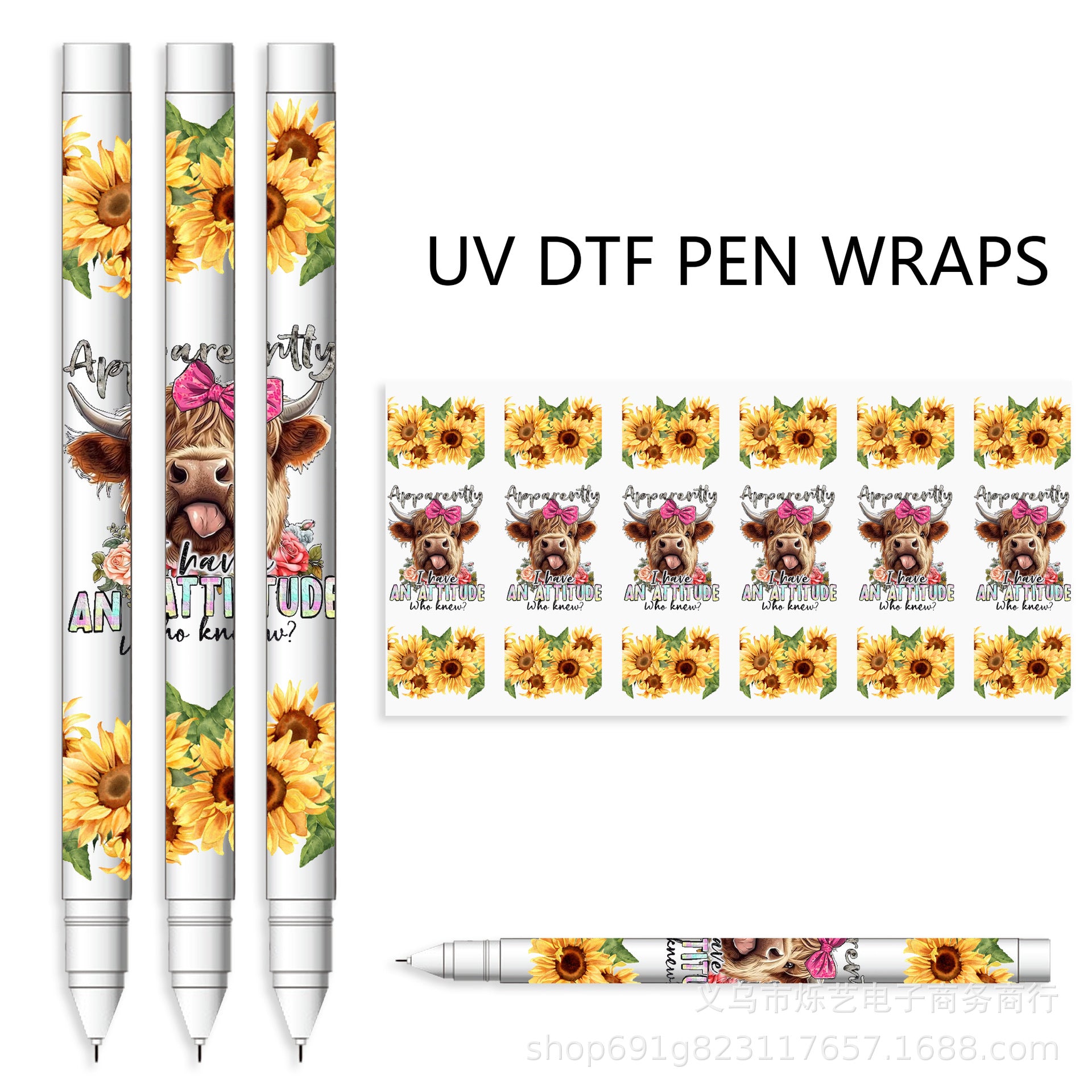 Wholesale 2pcs/ pack Butterfly Cow Sunflower UV DTF Transfer Crystal Pen UV DTF Wraps