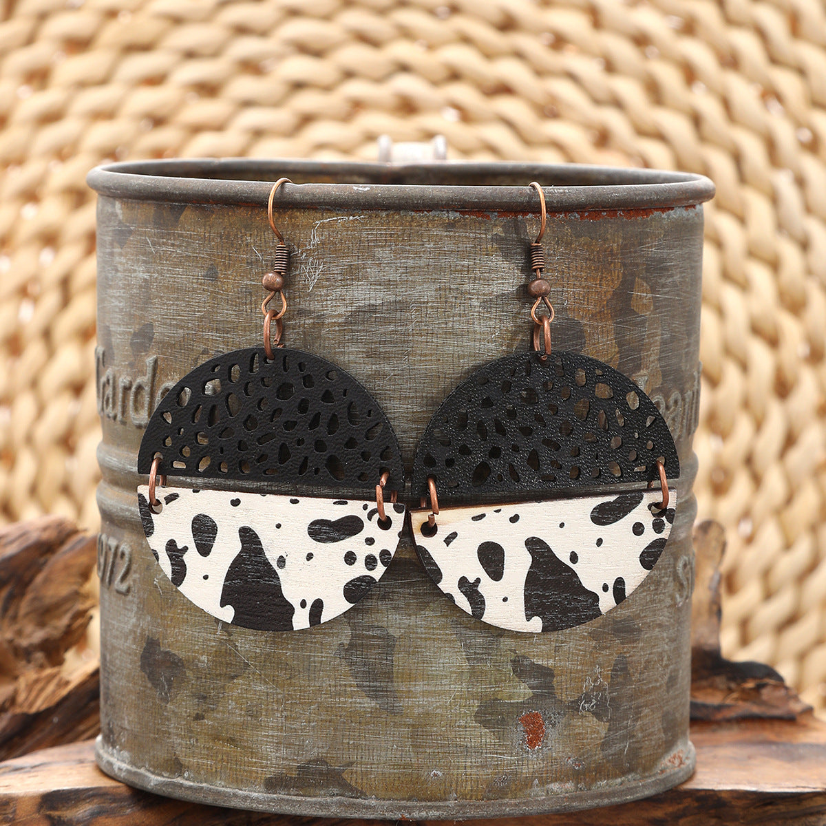 Wholesale Western Style Cow Print Leopard Print Wood Chip Leather Combination Round Earrings