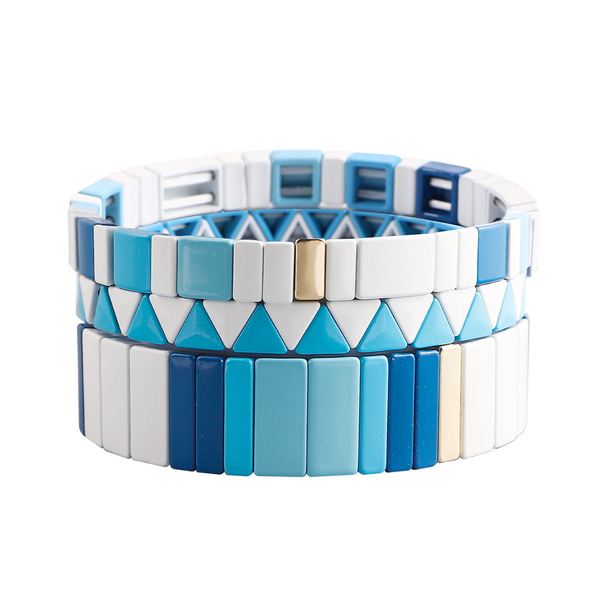 Wholesale Enamel Geometric Irregular Matte Blue and White Contrast Multi-layer Elastic Bracelet