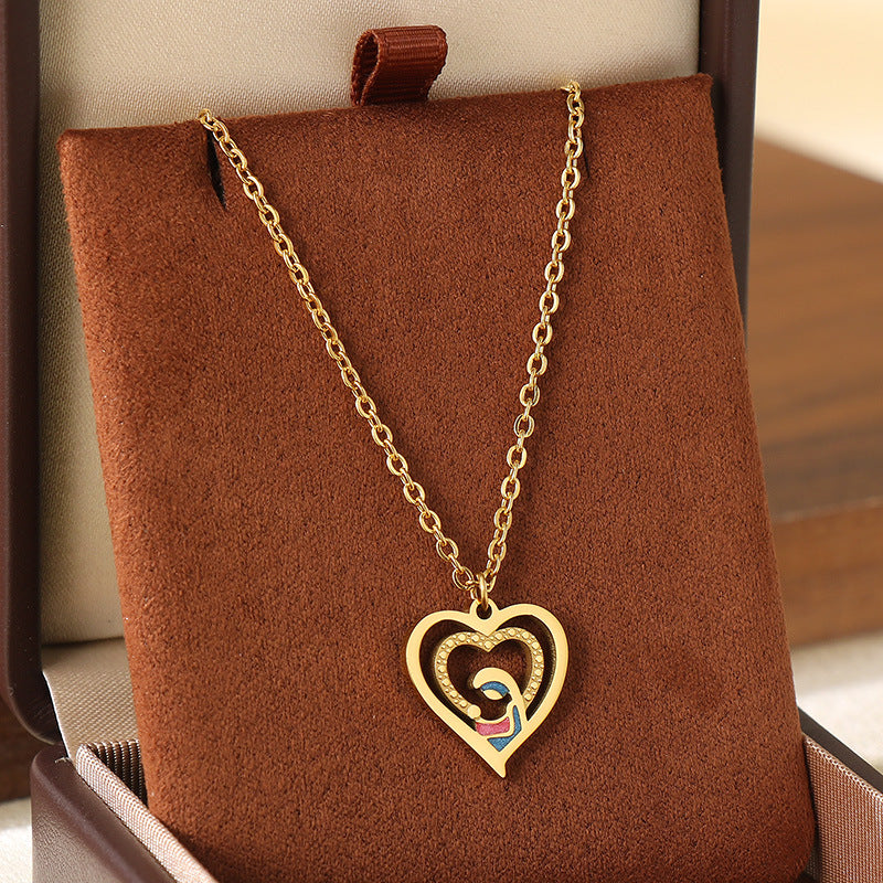 Wholesale Mother' s Day Diamond studded Hollow Moon Love Stainless Steel Necklace